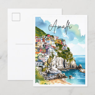 Amalfi Italy Vintage Art Travel Illustration Postcard