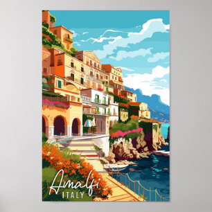 Amalfi Italy vintage travel illustration Poster