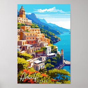 Amalfi Italy vintage travel illustration Poster