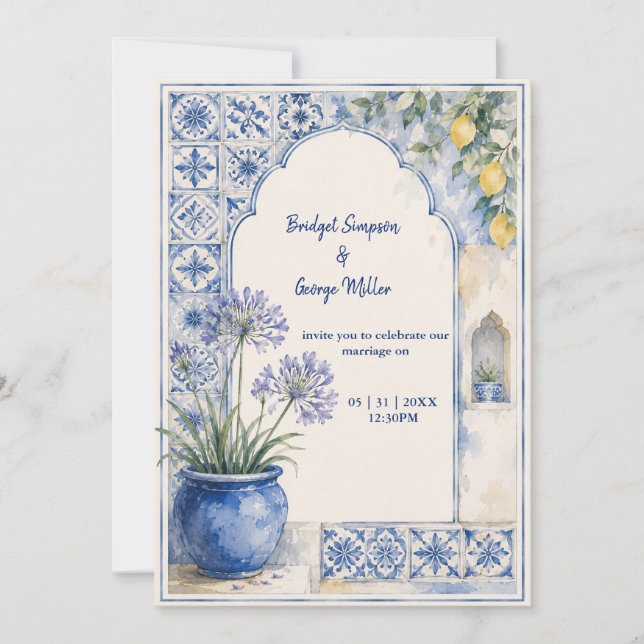 Amalfi Lemon Blue Tile  Destination Wedding Invitation (Front)