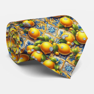 Amalfi Lemon Mediterranean Faux DIamonds Faux Silk Tie