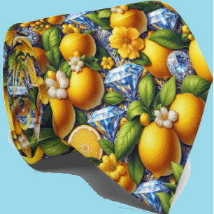 Amalfi Lemon Mediterranean Faux DIamonds Faux Silk Tie