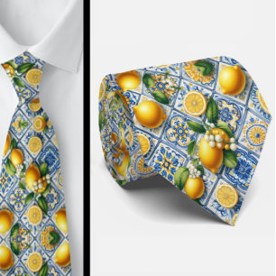 Amalfi Lemon Mediterranean Watercolor Faux Silk Tie