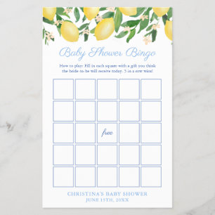Amalfi Lemon Pale Blue Baby Shower Bingo Game Card