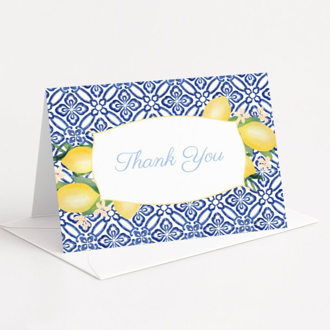 Amalfi Lemons Azulejos Powder Blue Baby Shower Thank You Card (Amalfi Lemons and blue and white vintage tiles baby boy shower thank you card)