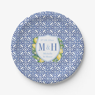 Amalfi Lemons Blue And White Tile Wedding Party Paper Plate