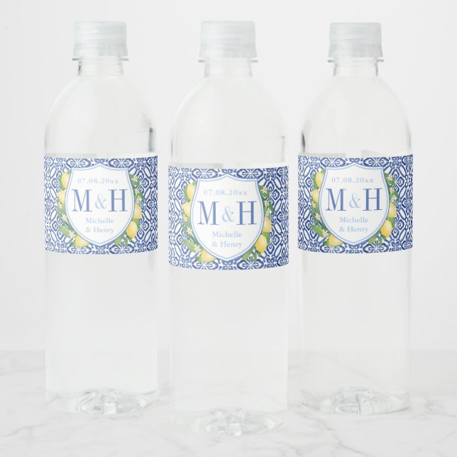 Amalfi Lemons Blue And White Tiles Wedding Crest Water Bottle Label (Bottles)
