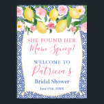 Amalfi Lemons Blue Tile Main Squeeze Bridal Shower Poster<br><div class="desc">Watercolor lemons and pink roses and peonies against a background of cobalt blue and white tile pattern for this stylish Bridal or Baby Shower welcome sign.</div>