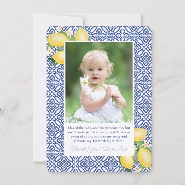 Amalfi Lemons Blue Tiles Birthday Party Picture Thank You Card (Front)