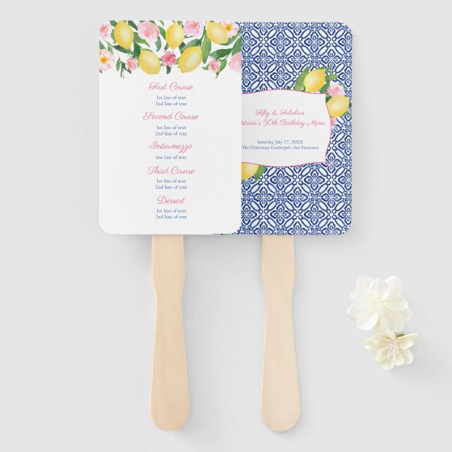 Amalfi Lemons Blue Tiles Milestone Birthday Menu H Hand Fan (Front and Back)