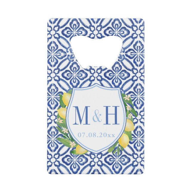 Amalfi Lemons Blue Tiles Wedding Monogram Favour (Front)