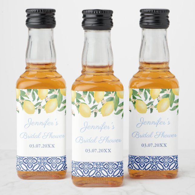 Amalfi Lemons Blue Tiles Wedding Shower Favour Liquor Bottle Label (Bottles)