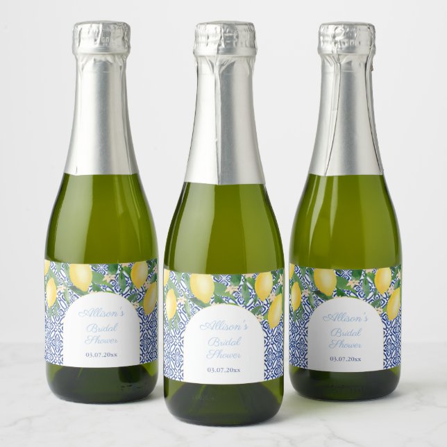 Amalfi Lemons Blue Tiles Wedding Shower Favour Sparkling Wine Label (Bottles)