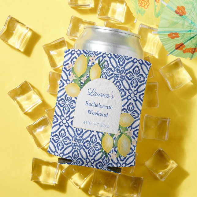 Amalfi Lemons Blue White Tiles Bachelorette Party Can Cooler (In Situ Summer)