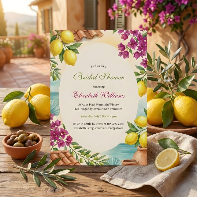 Amalfi Lemons Coastal Italian Summer Bridal Shower Invitation (Italian Summer Bridal Shower – Amalfi Lemons & Bougainvillea, Coastal, Personalized)