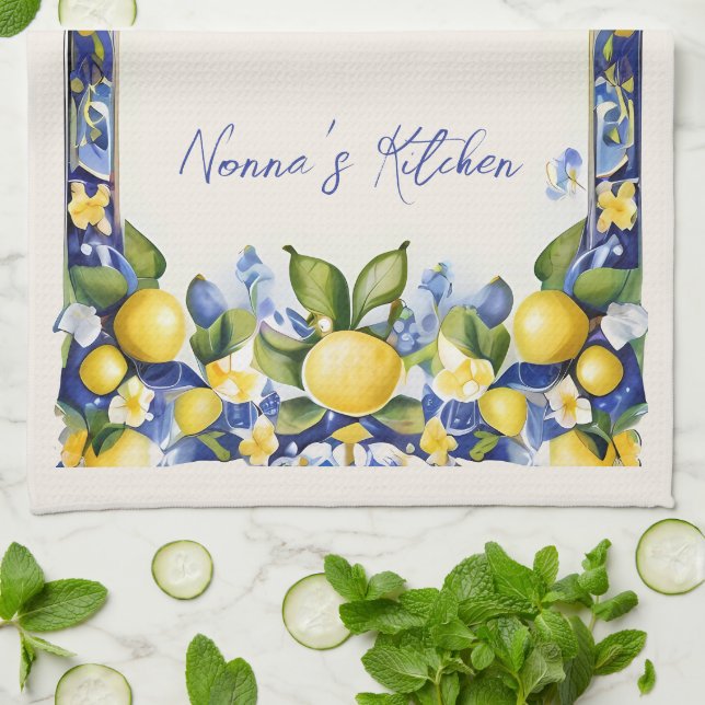 Amalfi Lemons Mediterranean Blue & Yellow Lemon Tea Towel (Folded)