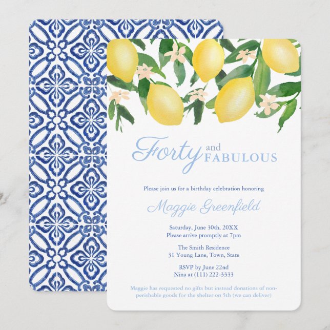 Amalfi Lemons Milestone Female 40th Birthday Party Invitation (Front/Back)