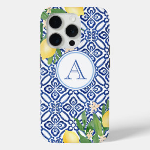 Amalfi Lemons Monogram Blue White Italian Tiles iPhone 15 Pro Case