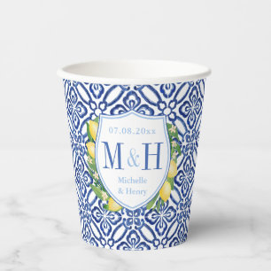 Amalfi Lemons Wedding Shower Couples Monogram Paper Cups