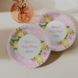 Amalfi Lemons With Pink Tiles And Pink Flowers Paper Plate<br><div class="desc">Handpainted lemons accented with pink watercolor flowers against a pink and white background pattern based on a vintage tile. If you prefer the centre circle with a plain edge (rather than scalloped), this option is available. Underneath the text customisation boxes, "click to customise further" then go to the "layers" area...</div>