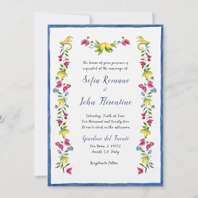 Amalfi Mediterranean Garden floral Wedding Invitation (Front)