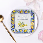 Amalfi Positano blue tiles lemons bridal shower Paper Plate<br><div class="desc">Amalfi Positano Vietri blue Majolica tiles lemons bridal shower tableware personalised plates,  Mediterranean themed blue white and yellow bridal shower plates.</div>