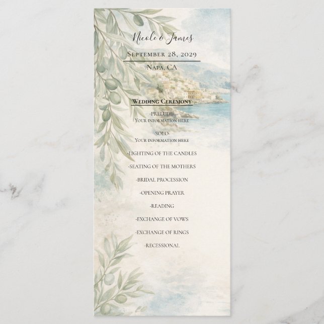 Amalfi Reverie Mediterranean Coast Wedding Program Menu (Front)