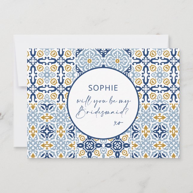 Amalfi Tile Blue Yellow Bridesmaid Proposal Card (Front)