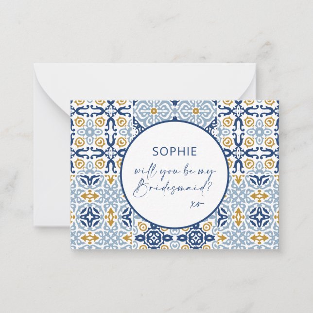 Amalfi Tile Blue Yellow Will You Be My Bridesmaid Card (Front)