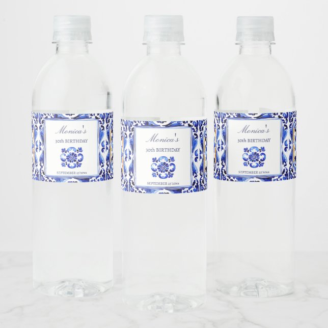 Amalfi Vietri Italian blue tiles birthday Water Bottle Label (Bottles)
