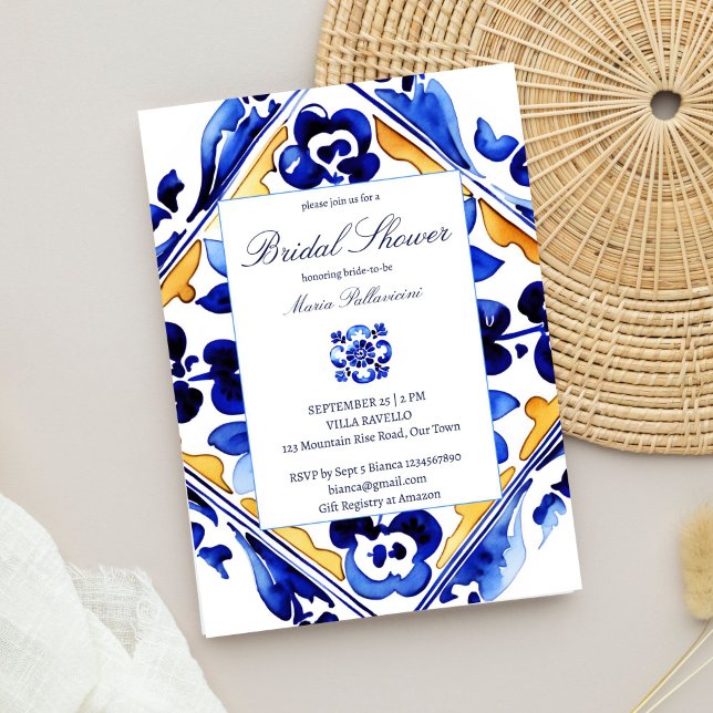 Amalfi Vietri Italian blue tiles bridal shower Invitation (Amalfi Vietri Italian Mediterranean blue tiles bridal shower template Invitation digital download)