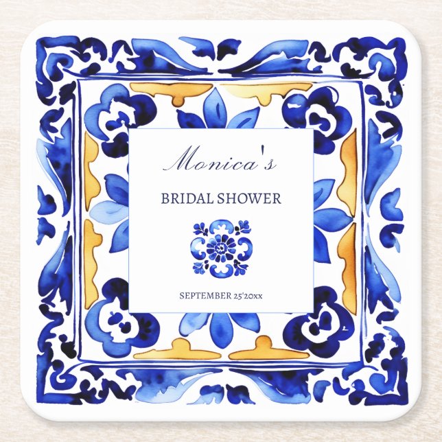 Amalfi Vietri Italian blue tiles bridal shower Square Paper Coaster (Front)
