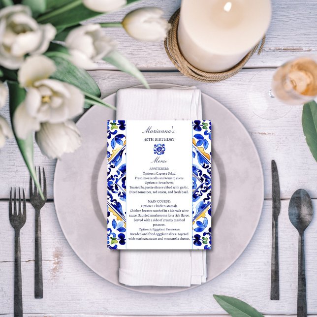 Amalfi Vietri Italian blue tiles menu card (Amalfi Vietri Italian blue tiles menu card Mediterranean themed party elegant menu card table decor)