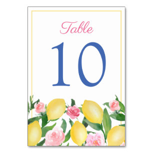 Amalfi Watercolor Lemons Pink Cobalt Blue Wedding Table Number