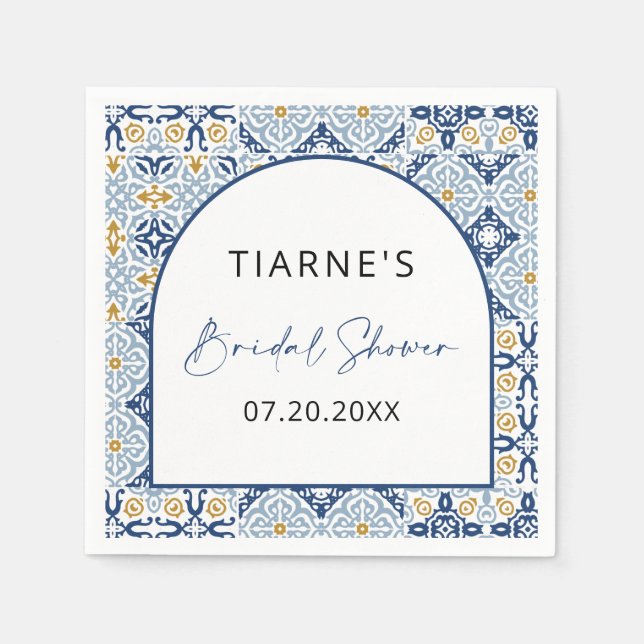 Amalfi Yellow Blue Tile Custom Bridal Shower Napkin (Front)