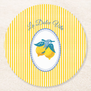 Amalfi Yellow Lemons Mediterranean Style Round Paper Coaster