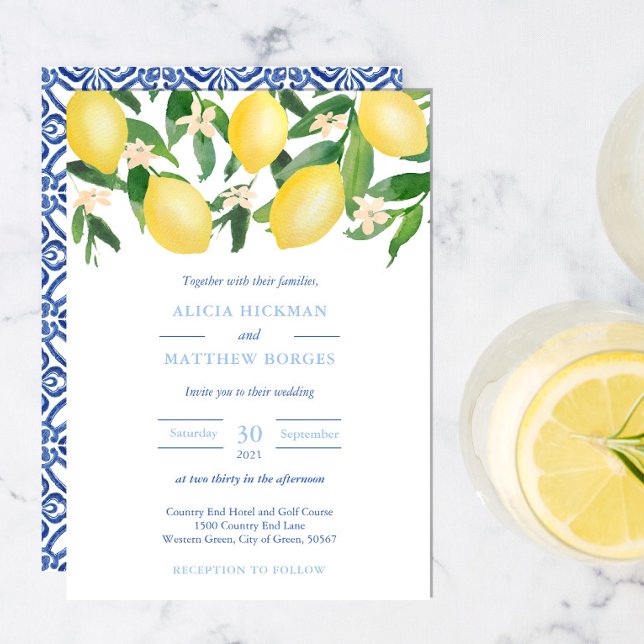 Amalfi Zesty Lemons Vintage Blue Tiles Wedding Invitation (Creator Uploaded)