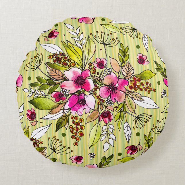 Amanda Floral&Stripes/Wine Red Polkadot Reversible Round Cushion (Front)