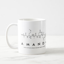 Mug featuring the name Amanda spelled out in the single letter amino acid code