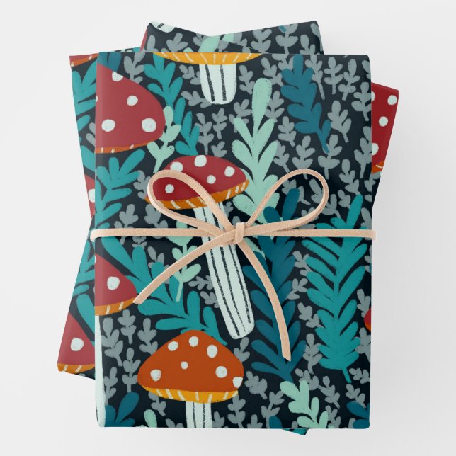 Amanita Magical Mushroom Fern Pattern Gift Wrapping Paper Sheet (In situ)