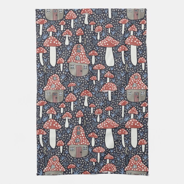 Amanita Magical Mushroom Village Cute Illustration Tea Towel (Vertical)