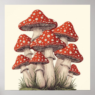 Amanita Mushroom Cluster - Retro Cottagecore Art  Poster