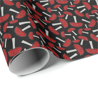 Amanita Mushroom Pattern on Black Fungus Fungi Wrapping Paper