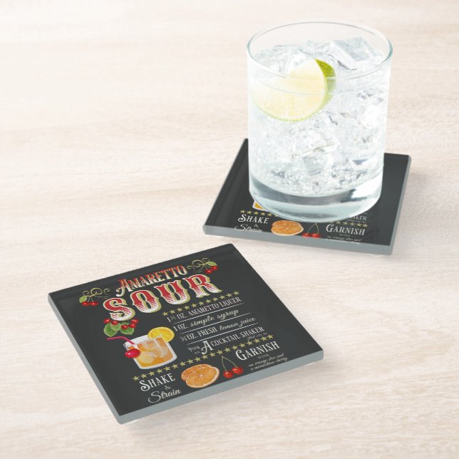 Amaretto Sour Recipe Glass Coaster (Angled)