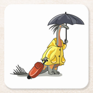 Amargasaurus Holding Umbrella And Suitcase. Square Paper Coaster