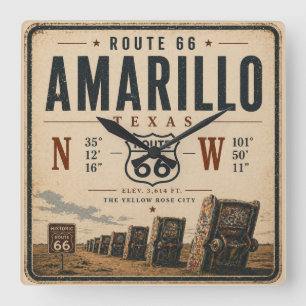 Amarillo Route 66 Coordinate Landmark Square Wall Clock