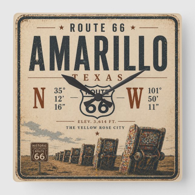 Amarillo Route 66 Coordinate Landmark Square Wall Clock (Front)
