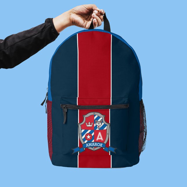 Amarok name meaning red blue knight sheild wolf printed backpack (Creator Uploaded)