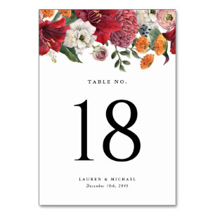 Amaryllis and Chrysanthemums Botanical Wedding Table Number