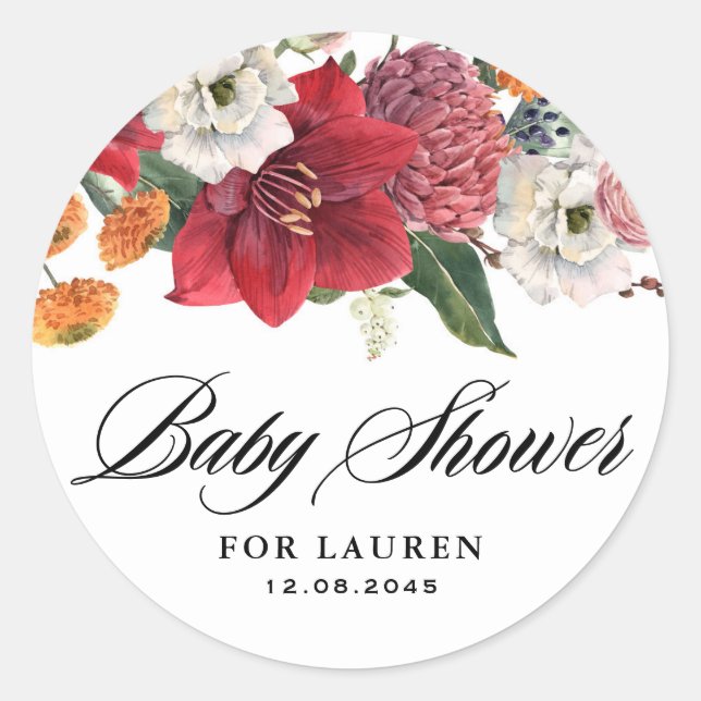 Amaryllis and Chrysanthemums Floral Baby Shower Classic Round Sticker (Front)